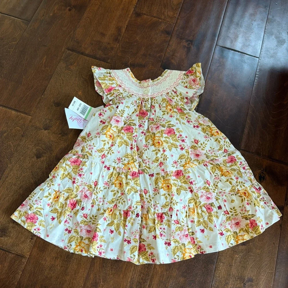 Bonnie Baby Floral Smocked Tiered Cotton Dress Ivory Pink 18 Months Embroidered